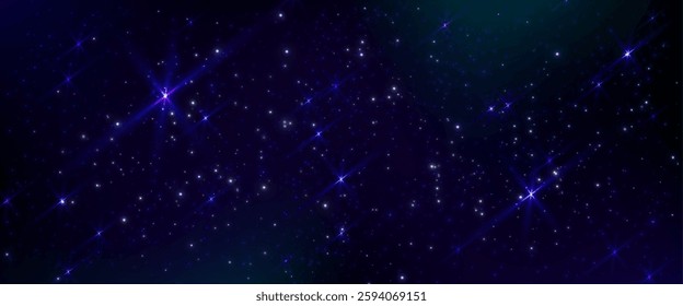 Outer starry night with bright sparkle elements scattered across dark cosmos. Twinkling celestial bodies illuminate space on mystical atmospheric backdrop. Glowing stellar astronomical pattern.