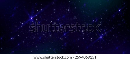 Outer starry night with bright sparkle elements scattered across dark cosmos. Twinkling celestial bodies illuminate space on mystical atmospheric backdrop. Glowing stellar astronomical pattern.