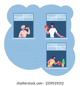 Outer Wall of House with Different Young and Old People at Windows. Happy Men and Women Look Out of Apartments Drink Tea, Watering Plant, Read. Human Lifestyle Concept. Flat Vector Illustration