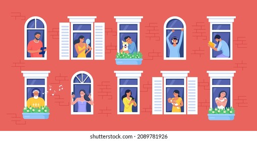 Outer wall of house with neighbors and dog at windows. Happy men and women look out of apartments reading, take photo, chatting with phone, hugging, listening music. Stay home, daily routine activity