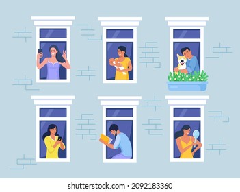 Outer wall of house with neighbors and dog at windows. Happy men and women look out of apartments reading, take photo, chatting with phone, hugging, holding child. Stay home, daily routine activity