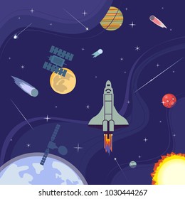 Outerspace poster. Colorful abstract flat cartoon. Satellite in cosmos milky way. Moon, Earth planet. Stars, comet, metheorite, space station background. Universe design banner. Vector illustration