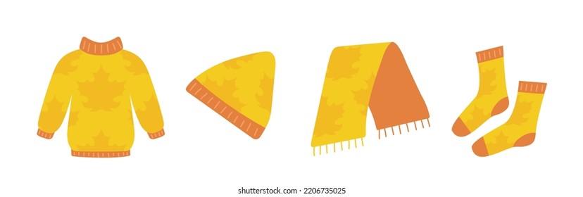 Outerwear. Autumn clothing. Clothes with a maple leaf pattern. A set of clothes. Vector clip art isolated on white background.