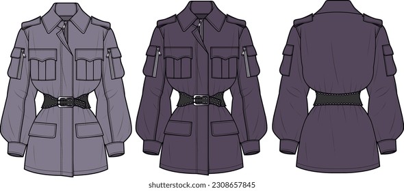 Outerwear Belt Jacket front and back flat sketch technical drawing vector illustration template