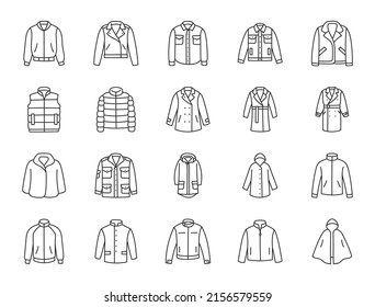 Outerwear clothes doodle illustration including icons - waterproof raincoat, windbreaker, peacoat, parka, wind cheater, tracksuit, motorbike jacket. Thin line art about apparel. Editable Stroke