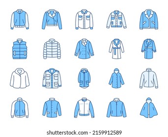 Outerwear clothes doodle illustration including icons - waterproof raincoat, windbreaker, parka, wind cheater, tracksuit, motorbike jacket. Thin line art about apparel. Blue Color, Editable Stroke