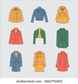 Outerwear Fashion set colour in flat line style vector