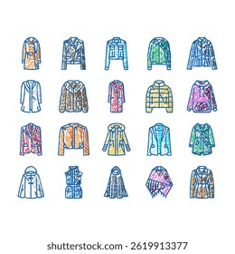 outerwear female clothes girl doodle icons set vector. woman fashion, coat clothing, jacket stylish, people person young casual, style outerwear female clothes girl sketch hand drawn