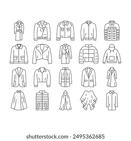 outerwear female clothes girl icons set vector. woman fashion, coat clothing, jacket stylish, people person young casual, style outerwear female clothes girl black contour illustrations