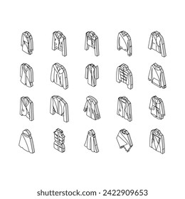 outerwear female clothes girl isometric icons set. woman fashion, coat clothing, jacket stylish, people person young casual, style outerwear female clothes girl color line
