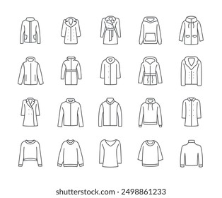 Outerwear icons isolated on a white background. Jacket, fur coat, coat, hoodie, parka, sweater, jumper. Editable Stroke