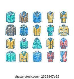 outerwear male clothes doodle icons set vector. sketch line art man fashion, apparel jacket, coat suit, person pants, winter fashionable, sweater outerwear male clothes color illustrations