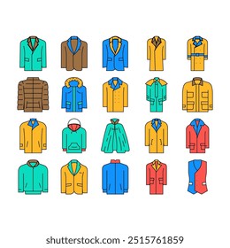 outerwear male clothes icons set vector. man fashion, apparel jacket, coat suit, person pants, winter fashionable, sweater outerwear male clothes color Contour Illustrations