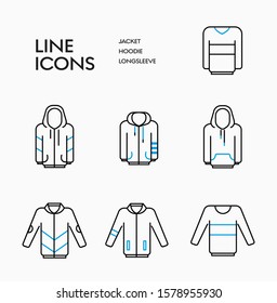 Outerwear vector  linear icons set. Hoodie, longsleeve and jacket signs design in blue elements.