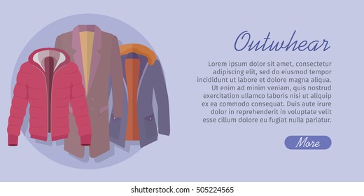 Outerwear web banner. Winter collection. Stylish fashionable man coat garment from popular designers. Best world brands trends. New collection of outwear models. For store, boutique ad. Vector