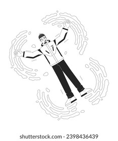 Outerwear winter guy making snow angel black and white 2D line cartoon character. Caucasian white man lying down isolated vector outline person. Playing in snow monochromatic flat spot illustration