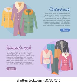 Outerwear women's look web banner. Autumn winter collection. Stylish fashionable woman coat garment from designers. Best world brands trends. New collection of outwear models. Vector illustration