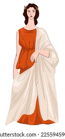 Outfit of antique people in roman empire , isolated female character wearing dress or long robe. Woman representing clothes in rome, antiquity and ancient look and fashion. Vector in flat style