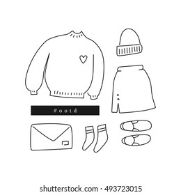 Outfit of the day. Hand drawn clothes: sweater, skirt, slip-ons, beanie, etc in linear style (flat lay / top view)