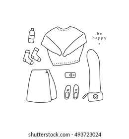 Outfit of the day. Hand drawn clothes: sweater, skirt, crossbody bag, sneakers, etc in linear style (flat lay / top view)