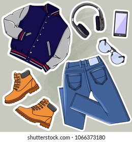 Outfit of fashion set for modern young person. Illustration stylish and trendy clothing. Vector 