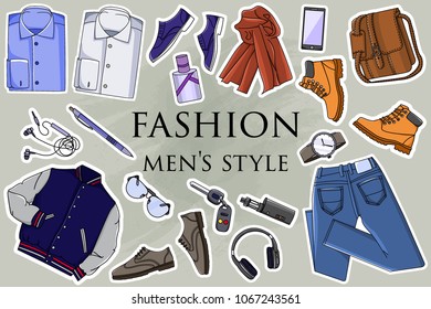 Outfit of fashion set for modern young person. Illustration stylish and trendy clothing. Vector 