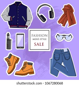 Outfit of fashion set for modern young person. Illustration stylish and trendy clothing. Vector