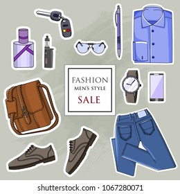 Outfit of fashion set for modern young person. Illustration stylish and trendy clothing. Vector
