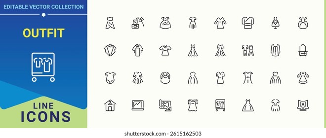 Outfit icon set. Contains outline symbols like clothing, clothes, apparel, wear, cloth, garment. Dress linear icon collection. Isolated icons. Editable stroke. Pixel Perfect.