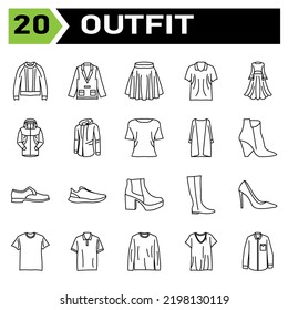 Outfit icon set include fashion, clothing, clothes, apparel, shirt, wear, shoes, man, footwear, male, shoe, sport bra, bra, outfit, female, summer, style, accessory, design, bag, cartoon