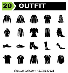 Outfit icon set include fashion, clothing, clothes, apparel, shirt, wear, shoes, man, footwear, male, shoe, sport bra, bra, outfit, female, summer, style, accessory, design, bag, cartoon