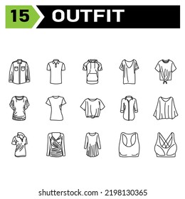 Outfit icon set include fashion, clothing, clothes, apparel, shirt, wear, shoes, man, footwear, male, shoe, sport bra, bra, outfit, female, summer, style, accessory, design, bag, cartoon