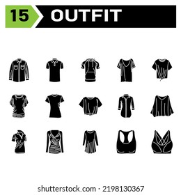 Outfit icon set include fashion, clothing, clothes, apparel, shirt, wear, shoes, man, footwear, male, shoe, sport bra, bra, outfit, female, summer, style, accessory, design, bag, cartoon