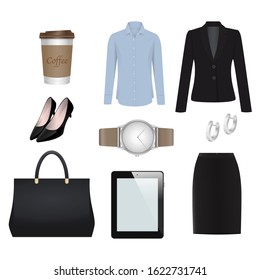 the outfit and items for working women such as women's skirt suit, blue shirt, watch, black bag, earring, tablet, black shoes, coffee cup.