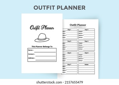 Outfit planner journal interior. Regular clothing list and client outfit tracker template. Interior of a log book. Fashion and costume designer essential notebook and cloth organizer logbook.