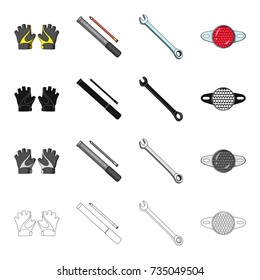 Outfit protective gloves, bicycle pump, wrench, light reflector. Bicycle equipment set collection icons in cartoon black monochrome outline style vector symbol stock isometric illustration web.