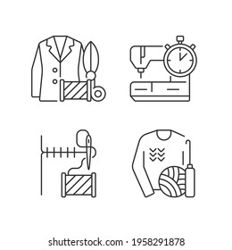 Outfit repair services linear icons set. Custom clothes production. Needlecraft, tailor workshop. Customizable thin line contour symbols. Isolated vector outline illustrations. Editable stroke