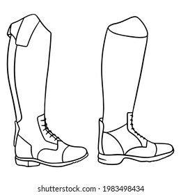 Outfit rider clothes for jockey boots illustration in line style coloring book. Drawing isolated on a white background for design and decoration.