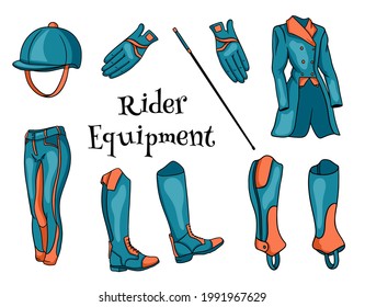 Outfit rider a set of clothes for a jockey boots pedjak pants whip helmet in cartoon style. Collection of illustrations for design and decoration.