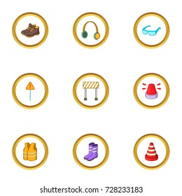 Outfit of road worker icons set. Cartoon style set of 9 outfit of road worker vector icons for web design