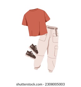 Outfit set in modern sport style. Clothes composition, t-shirt, trousers and sneakers. Stylish apparel, full look with tshirt, pants and trainers. Flat vector illustration isolated on white background