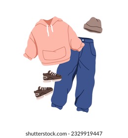 Outfit set in street style. Unisex apparel, hooded sweatshirt, sneakers, hat, pants. Comfortable clothes, hoodie, trousers, sport shoes. Flat graphic vector illustration isolated on white background