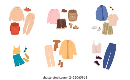 Conjuntos de ropa. Conjuntos de ropa casual para diferentes temporadas y condiciones climáticas en estilo urbano moderno. Ropa de moda para el hogar, caminar y relajarse. Ilustración vectorial plana aislada en blanco