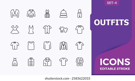 Outfits modern icons set. Includes thin line cloth, wear, skirt, jean, vest and more. Minimal icon. Vector outline icons collection.