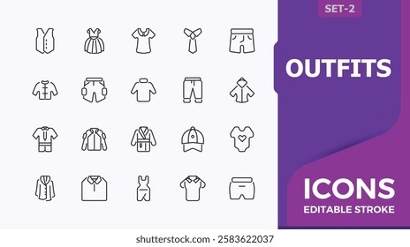 Outfits modern icons set. Includes thin line cloth, wear, skirt, jean, vest and more. Minimal icon. Vector outline icons collection.