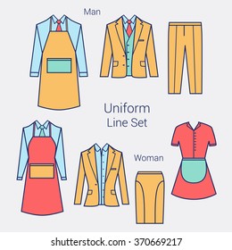 The Outfits for the Professional Business Women and Men.  Formal wear for women and men. Uniform: apron, jacket, pants, skirt, maid clothes. Flat vector illustration.