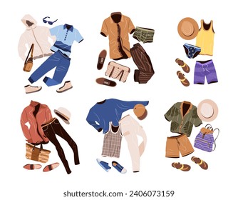 Outfits set in casual style for men. Fashion clothing, accessories, shoes for spring and summer. isolated flat vector illustrations on white background.