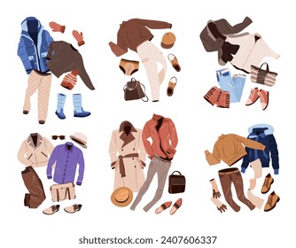 Trajes de estilo casual para hombres. Ropa de moda, accesorios, zapatos para otoño e invierno. ilustraciones de vector plano aisladas sobre fondo blanco.