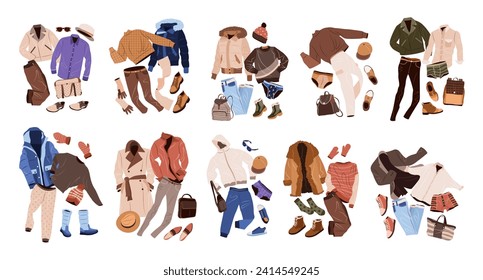 Outfits set in casual style for men. Fashion clothing, accessories, shoes for fall and winter. isolated flat vector illustrations on white background.