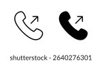 Outgoing Call Icon Set. A black icon of an outgoing call arrow, representing sent communication.